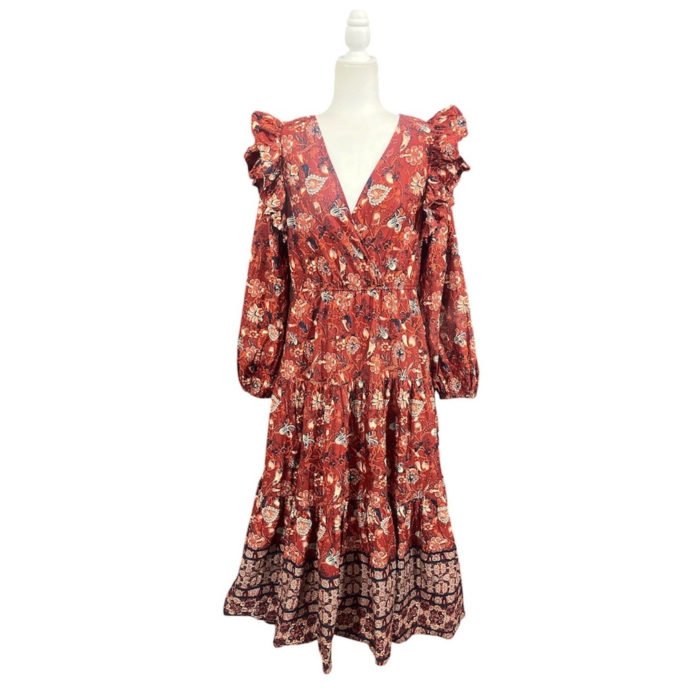 Floral Boho Maxi Dress Sz. XL Rust Ruffle Tiered A Loves A Cottagecore Hippie